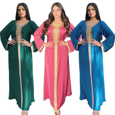 Women's Long Sleeve Dress with Hot Drill Ribbon Lace Abaya Dubai Muslim Robe