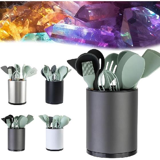 Utensil Holder, Kitchen Utensil Holder Counter, Extra Large Cooking Silverware Caddy,Stainless Steel Rotating Organizer 3 Compartment Flatware Spoon