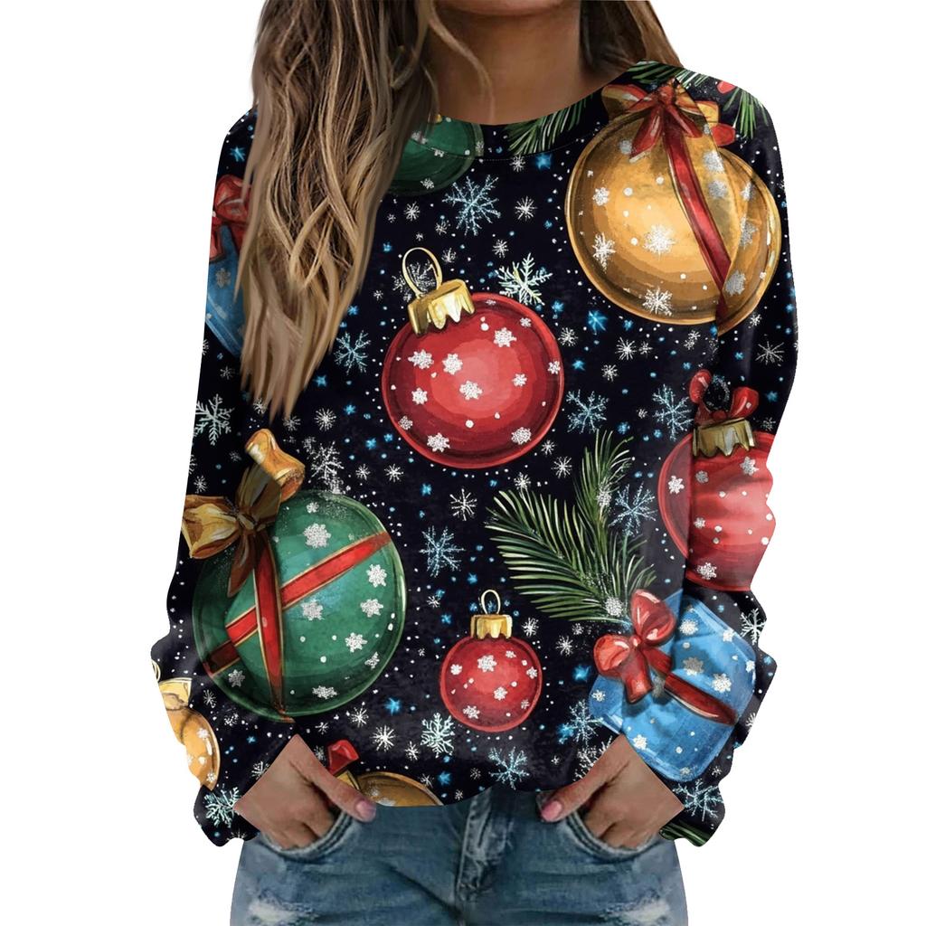 Women's Fashion Casual Long Sleeve Christmas Printed Neck Sweatshirt Top