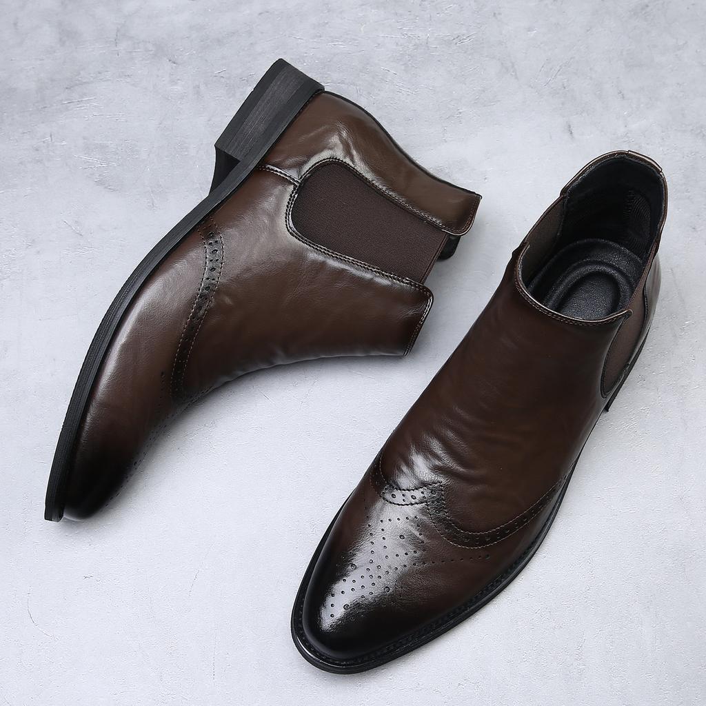 British Brock Carved Leather Chelsea Boots Men's Trend Business Dress High Top Leather Boots Men's Martin Boots