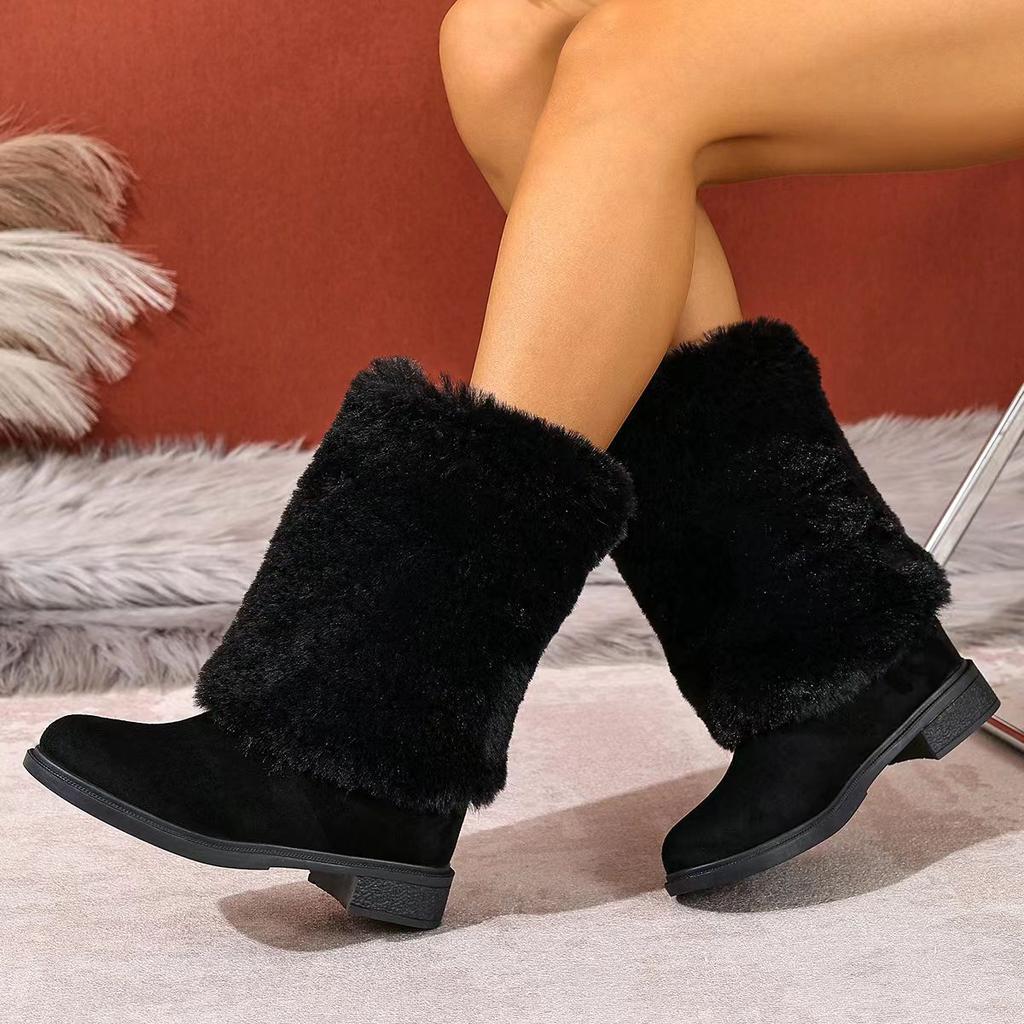 Luxury Faux Fur Thick Heel Suede Mid Calf Boots Women  Winter Fluffy Fur Pipe Designer Snow Boots Woman's Furry Long Booties