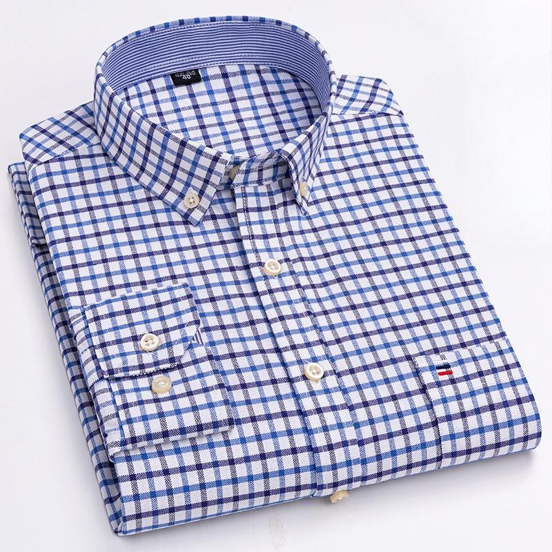 

Мужские рубашки Оксфорд из 100% хлопка, с длинным рукавом, повседневные, в клетку, мягкие, стандартного кроя, формальные, для платья, социальная блузка, мужская одежда 45