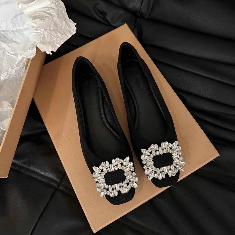 Mode Flatskor för kvinnor 2025 Vår och Höst Svarta Strass Nya Fyrkantiga Tå Loafers Plus Size Damskor 44 42 43