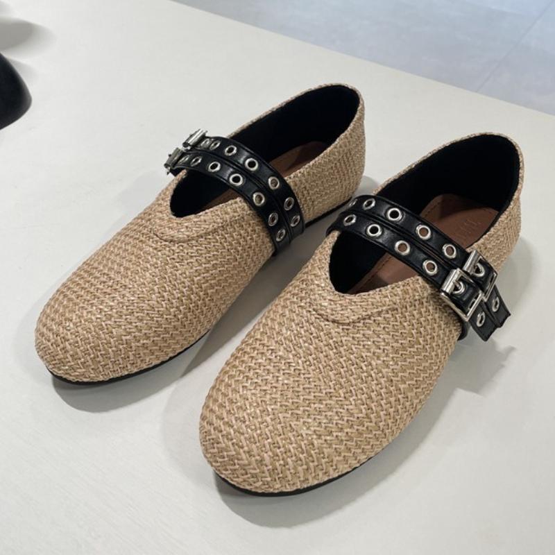 Mode Hochwertige Gewebte Flache Ballerinas Damenmode Doppelschnalle Markendesigner Schuhe Bequeme Flache Freizeitschuhe Zapatos De Mujer