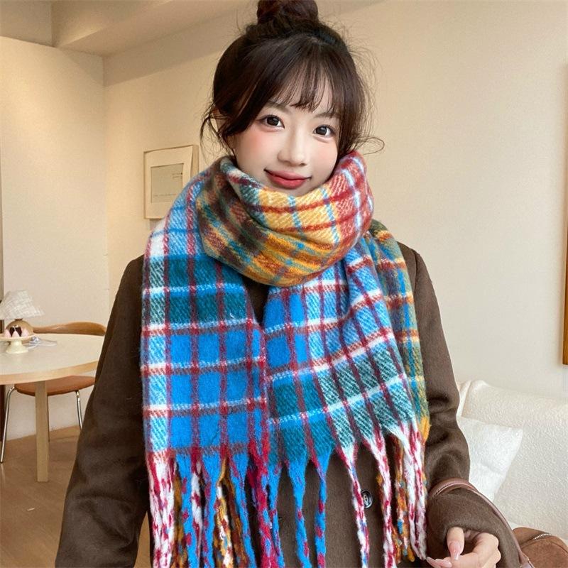 New hippocampus hair scarf winter women's Korean atmosphere sense advanced sense plaid warm thickened scarf men