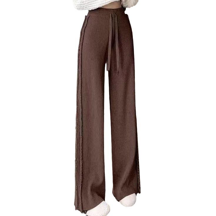 Autumn and winter new tassel thin pit strip knitted wide-leg pants high waist drawstring thin casual warm floor mopping wool pants thick