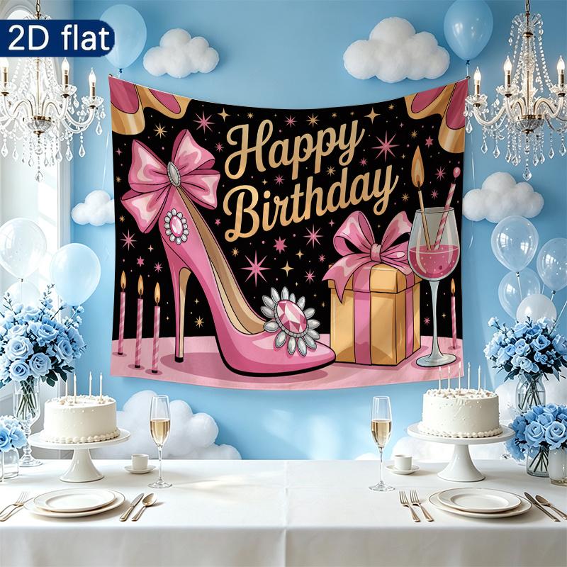 Party Banner Gifts Wine High Heel Birthday Backdrop, Polyester Wall Decor for Celebration & Photos