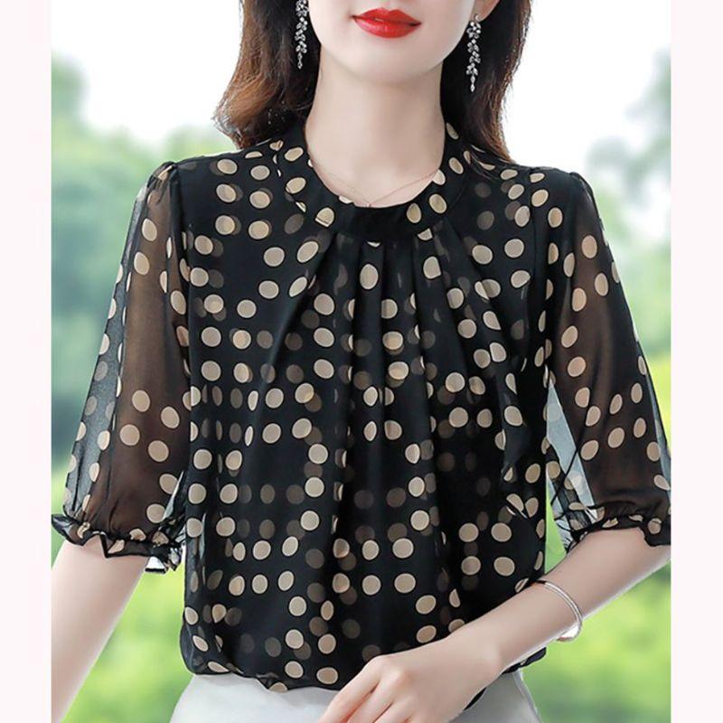 Summer Elegant and Minimalist Commuting Fashion Round Neck Polka Dot Loose Oversize Versatile Mid Sleeved Shirt for Women