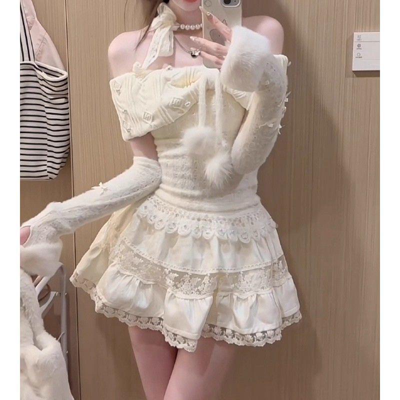 

Sweet & Spicy: Women s Cream Lace One-Shoulder Top with Pearl Puffy Skirt Two-Piece Set for Autumn/Winter. XL