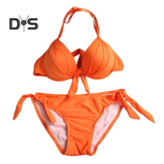 2Pcs/Set Sexy Bikini Set Halter Push-Up Solid Color Bra High Waist Swimming Briefs Set Bowknot Decoration Beachwear