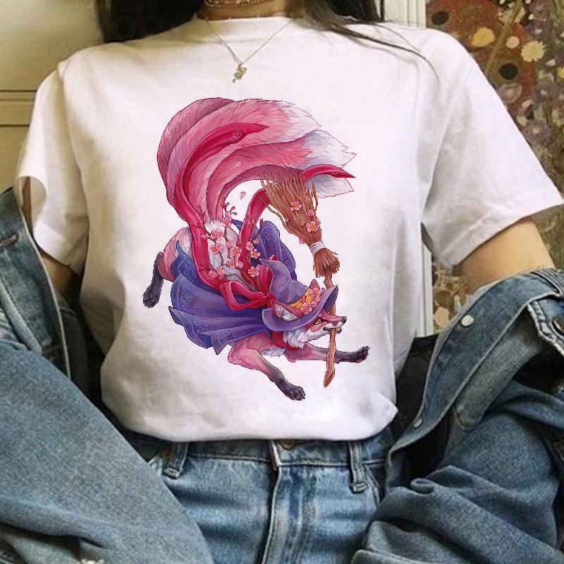 Fox Cartoon Print T Shirt Women Harajuku Casual Funny T Shir Women Clothing Tops Aesthetic Clothes Graphic T Shirts