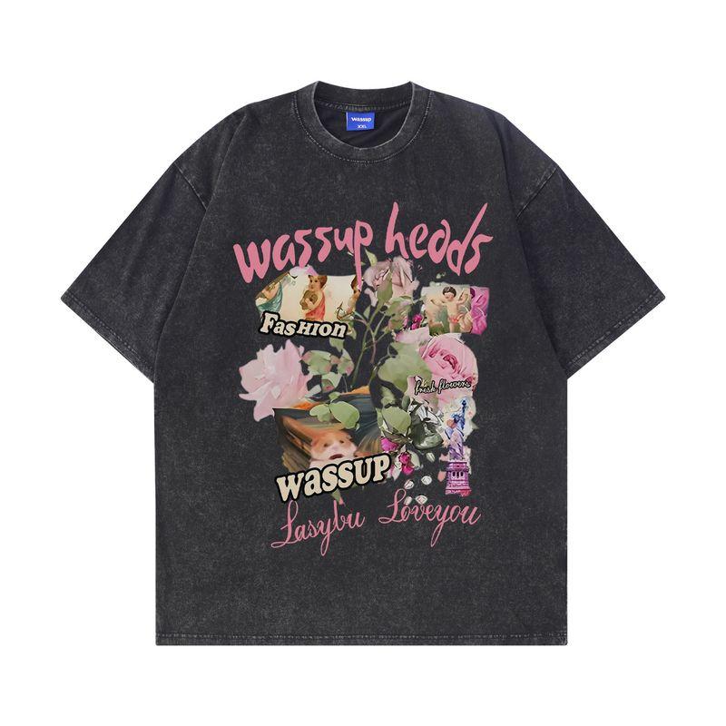 Wassup Heods Digital Inkjet Short-Sleeved Men's Clothing Summer 2024 New American Retro Round Neck T-Shirt Top