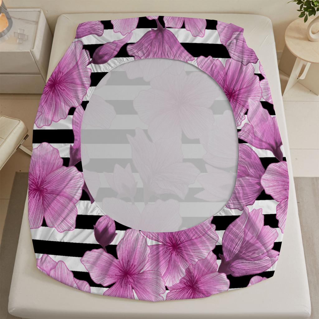 3pcs Fitted Sheet Set Pink Roses On Black And White Stripes Bed Sheet With Pillowcases For Bedroom Decor