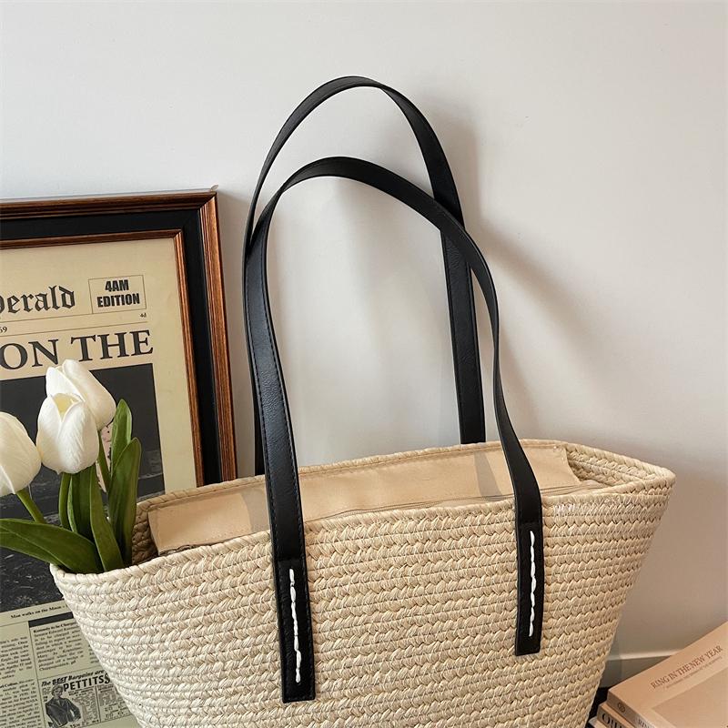 Borsa Tote in Paglia Intrecciata con Manici in Pelle Nera Grande Capacità Borsa da Spiaggia Estiva Borsa a Mano Casual da Donna per Uso Quotidiano
