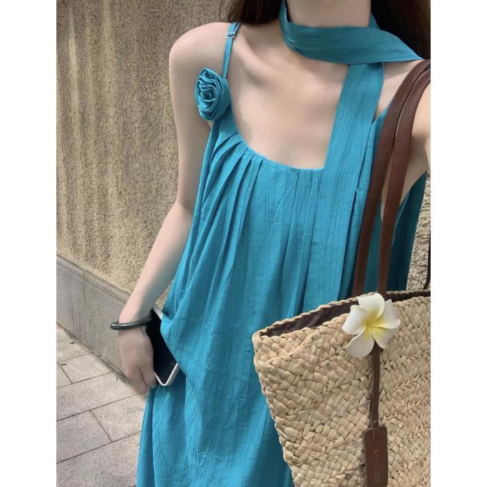 

Academy style literary long dress vacation style white three-dimensional flower straps suspender long dress dress S