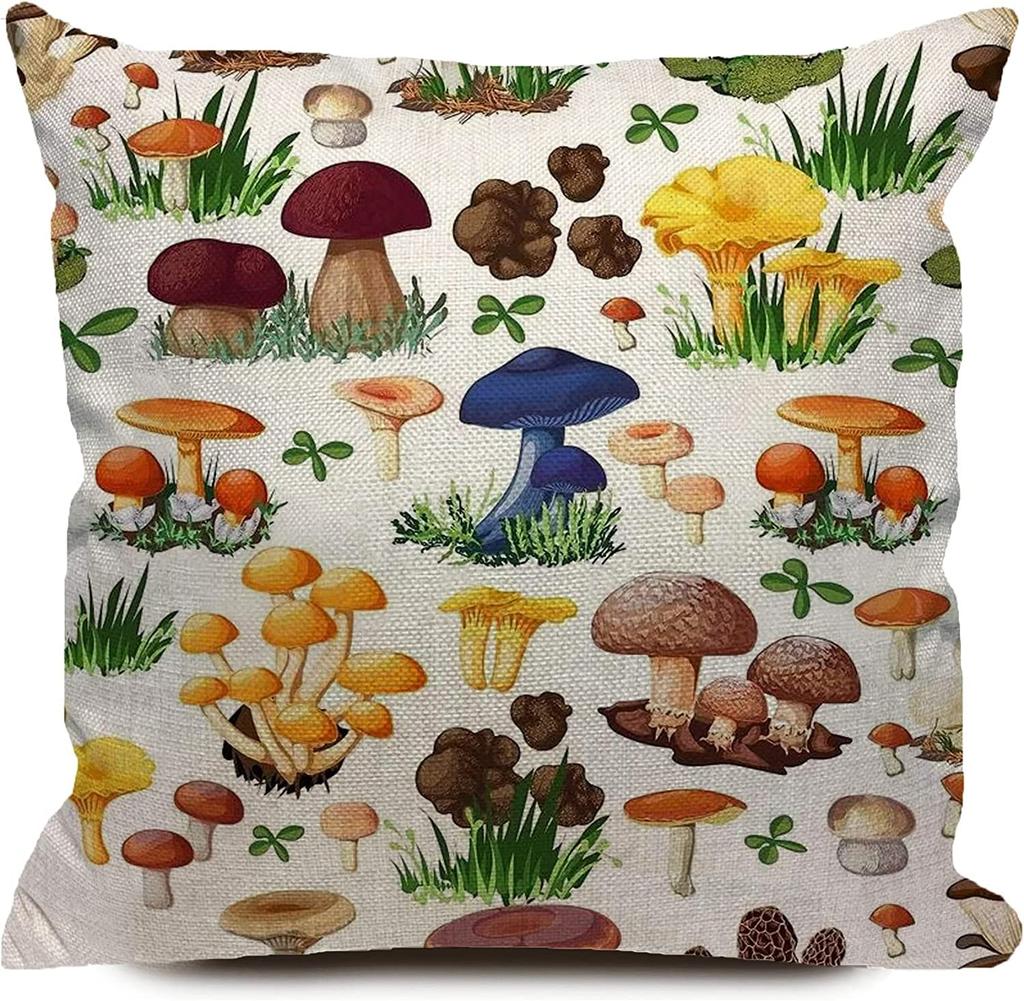 1Pc Whimsical Mushroom Fungi Cushion Cover, Cottagecore Botanical Forest Print Throw Pillow Case For Home Sofa Bedroom Decor