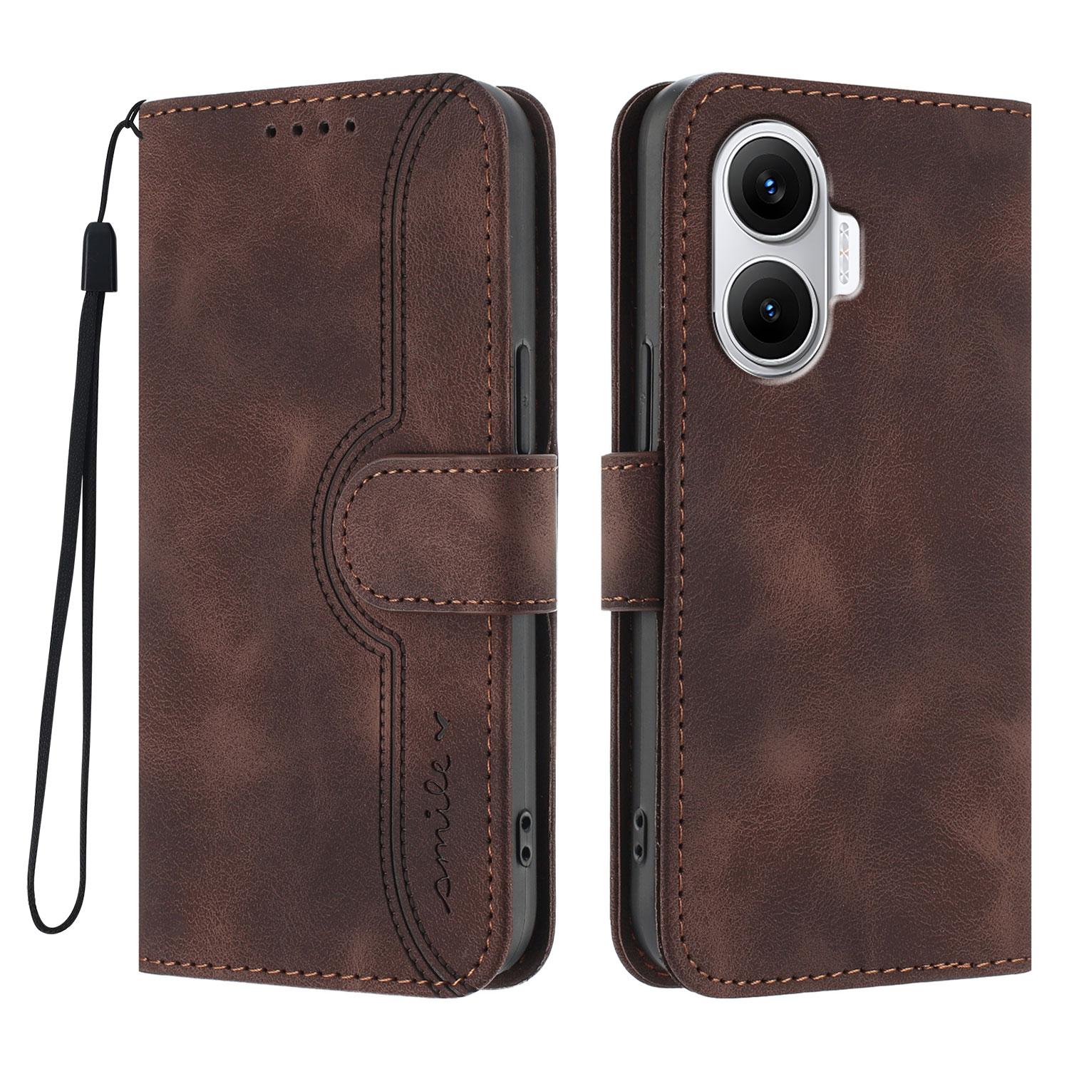 

For Xiaomi Redmi Turbo 4 Pro 5G/Xiaomi Poco F7 5G Leather Case Wallet Stand Smile Imprinted Phone Cover with Strap Coffee