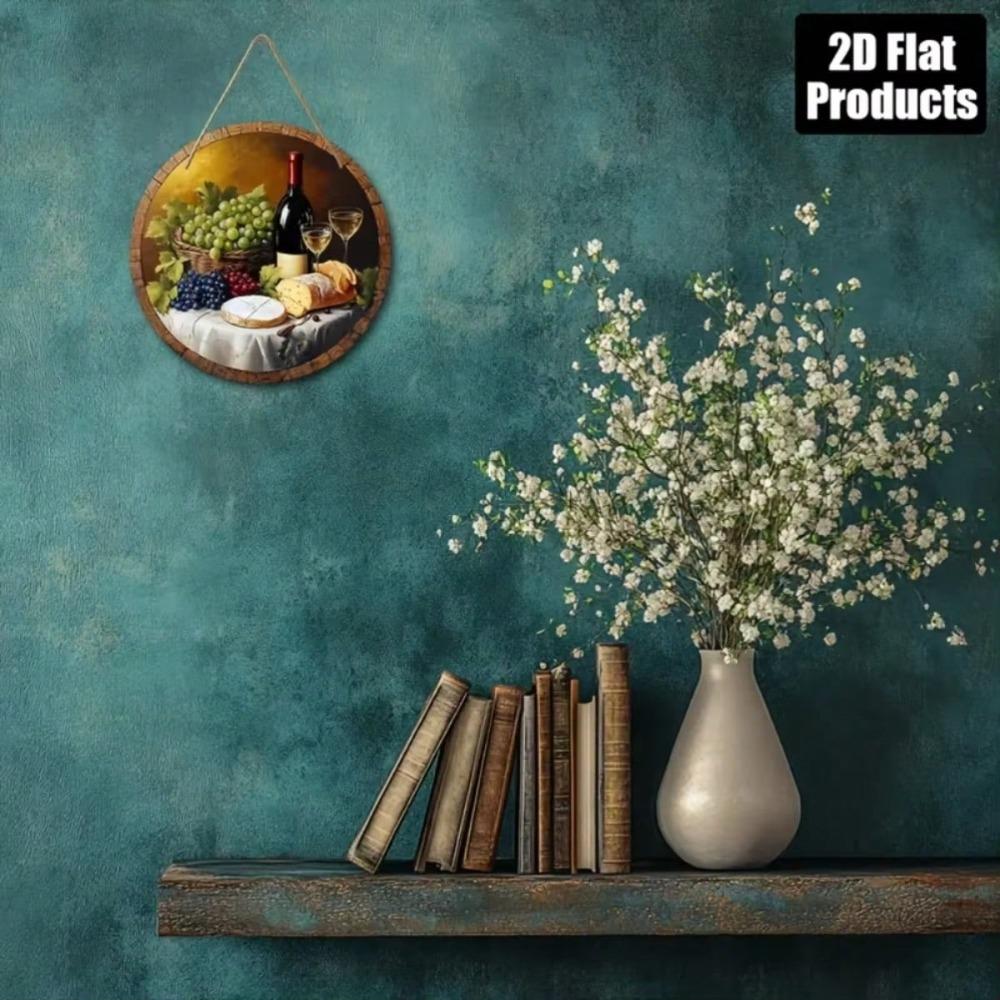 2D Flat 8x8 Inch Round Wine Art Sign Grape Bottle Glass Design for Bar Home Decor Holiday Gift