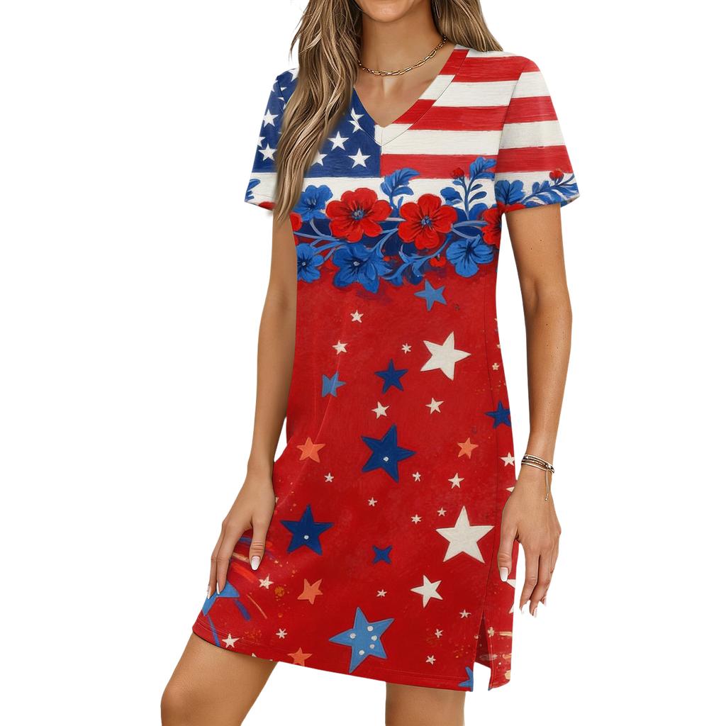 Women's Casual V-neck Short Sleeve Split Hem Independence Day Printed Dress