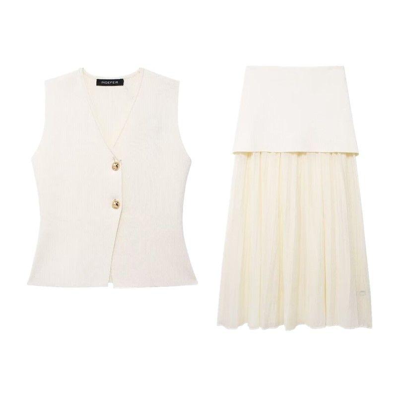 Fashion Style 2024 Summer New Arrival Women's Gold Button Knitting Vest High Waist Patchwork Skirt 4192015