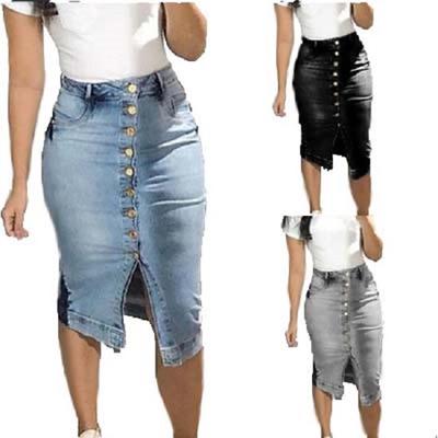 Womens High Waist Fit Denim Skirt Button Design Split Front Open Pencil Skirts Bodycon Dress Knee Length Jeans Skirts