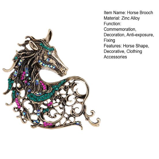 Retro Rhinestone Horse Brooch Pin Women Men Zinc Alloy Horse Head Lapel Pin Animal