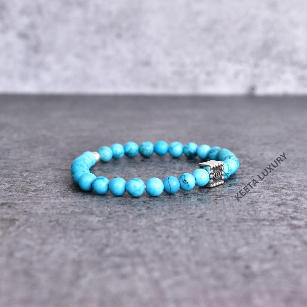 Genuine turquoise beaded bracelet Arizona turquoise Evil eye charm beaded bracelet for him Stretchable bracelets Friendship bracelet