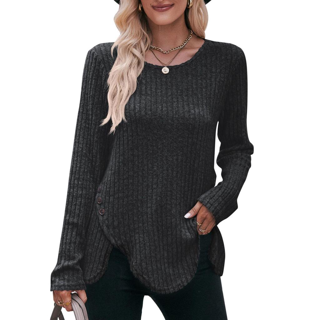 Women's Long Sleeve Ribbed Knit Button Down T-Shirt - Soft Brushed Cotton Crewneck Casual Top
