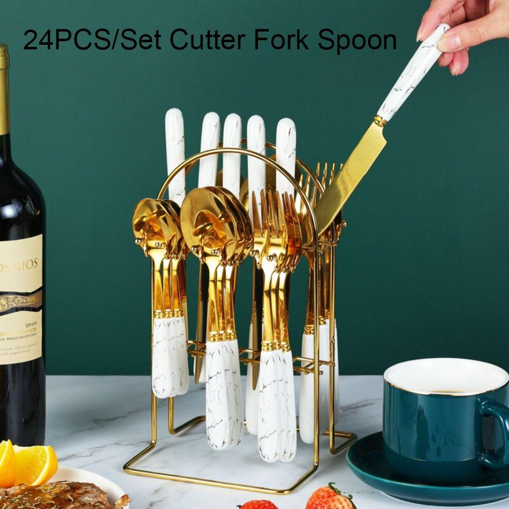 24pcs Stainless Steel Marbled Tableware Set Nordic Style Dessert Dinnerware Suit  Restaurant