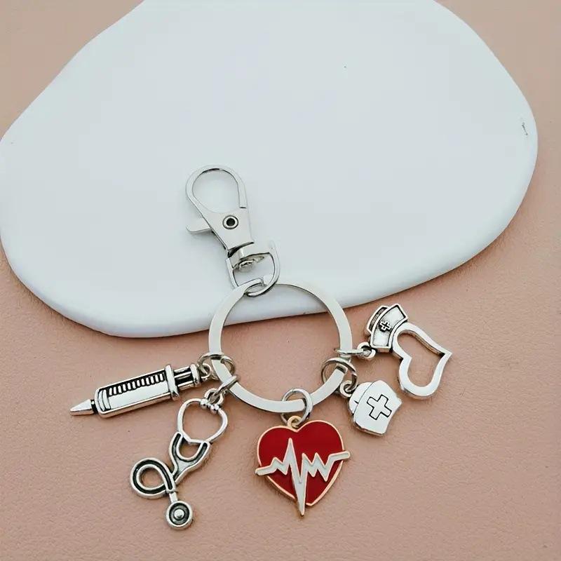 Vintage Syringe Stethoscope Keychain with Heart-Shaped Pendant
