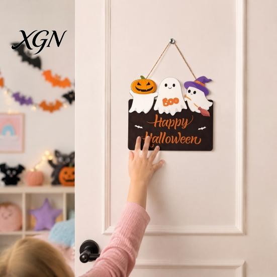 Wooden Seasonal Front Porch Ornament Halloween Ghost Door Sign, Cute Ghosts Hanging Wreath, Rustic Happy Kids Room Festive Wall Art Welcome
