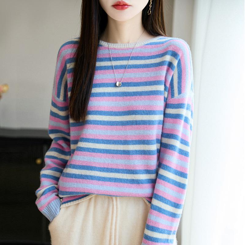 Autumn And Winter New Retro Japanese Lazy Style 100 Wool Sweater Pullover Bottoming Knitted Sweater Colored Striped Sweater Women