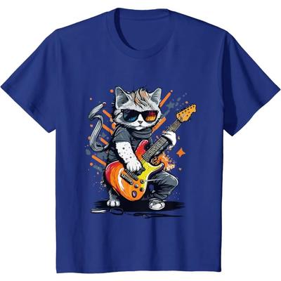 Rocková kočka hrající na kytaru Vtipné kytarové kočičí tričko pro muže, ženy, děti, oblečení na hudební festival, grafická trička, potisk, ležérní