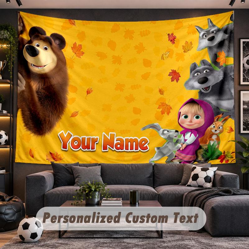 Wall Hanging Tapestry Custom NameMasha and the Bear Pattern Personalized Printed Fabric Wall Decor
