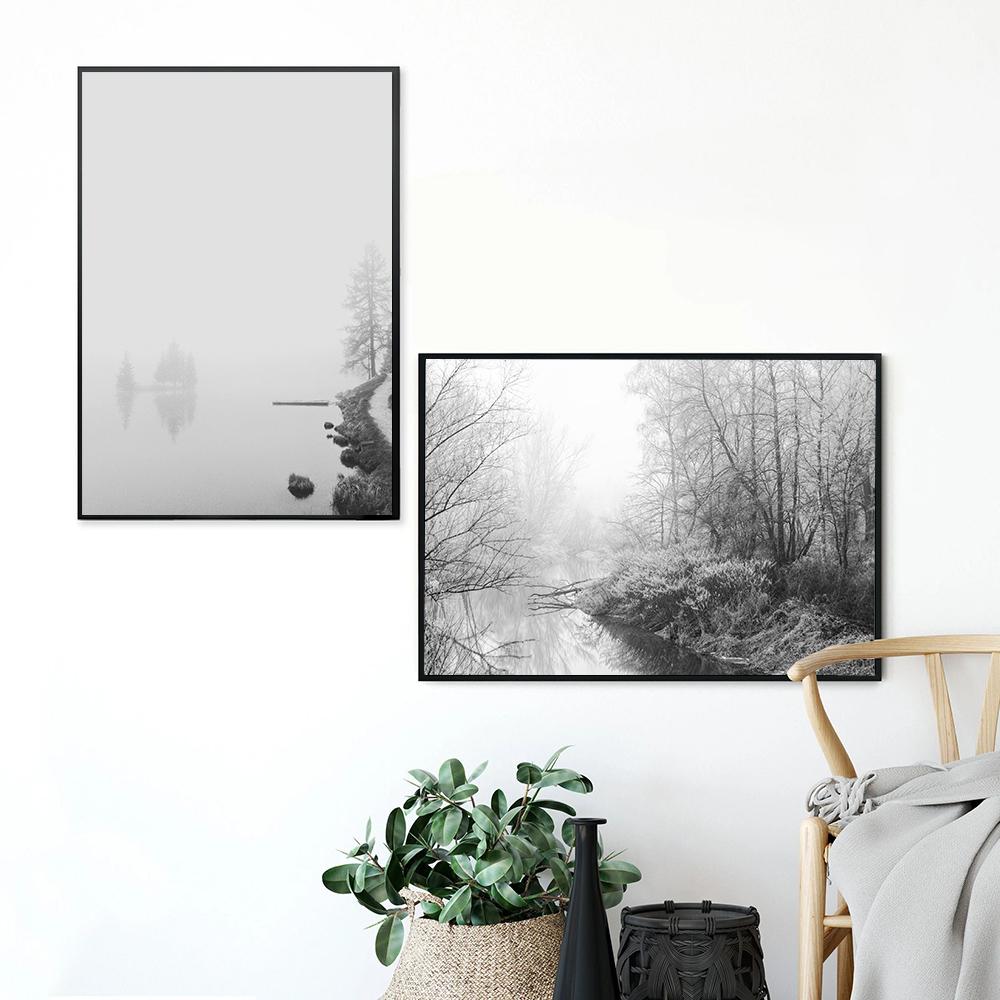 Nature Prints Forest Wall Art River Fall Spruce Trees Pine Winter Foggy Forest Landscape Canvas Painting Wall for Home Decor