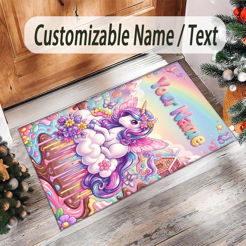 Alfombra de Suelo de Terciopelo de Cristal con Temática de Unicornio, Alfombra Cálida Personalizada con Nombre y Texto, Decoración del Hogar