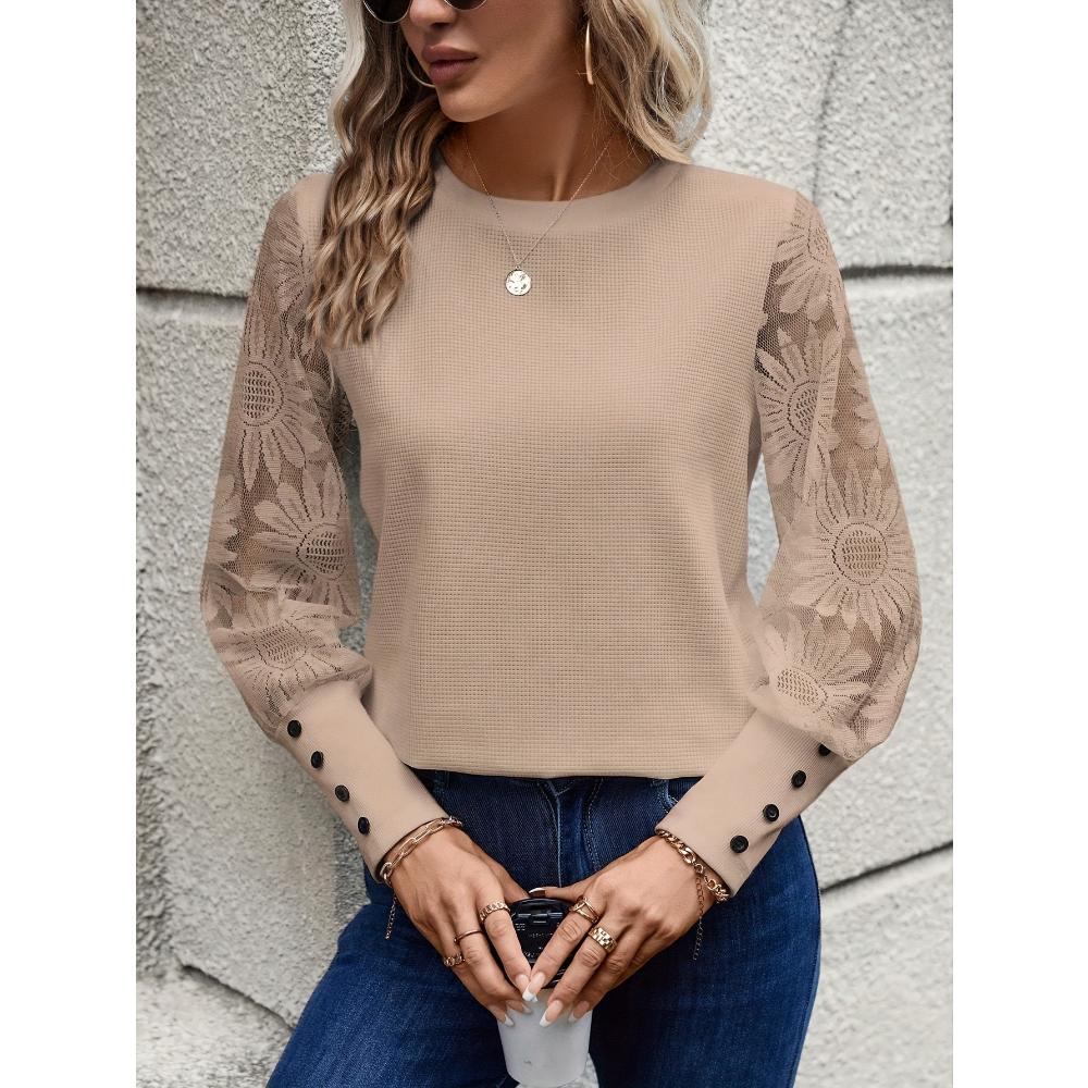 2024 Autumn Top European and American Solid Color Long Sleeve Embroidered Lace Splicing Waffle Round Neck Top Fashionabl Versatile