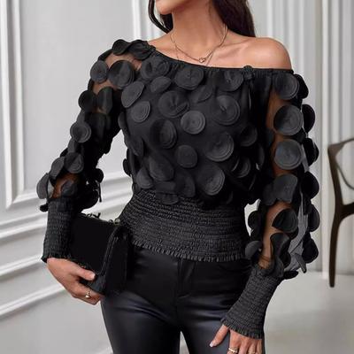 Dames Tops Off Shoulder Pofmouwen Lange Mouwen Elastische Taille Korte Tops Doorzichtig Gaas Casual Tops Feest Dagelijkse Kleding