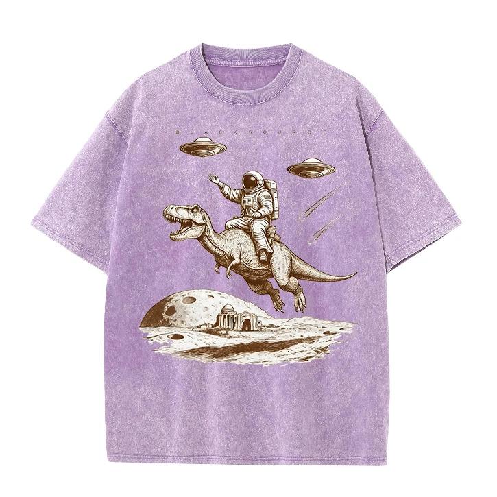 Cartoon Dinosaur Print 2026 Fashion Unisex Washed Distressed Vintage Tee Casual Loose Short Sleeve Top Summer Vacation Clothes