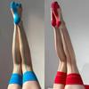 Vintage Cuban Heel Back Seam Thigh High Stockings Oil Shiny Ultra Thin Transparent Silk Hosiery Women Sexy Patchwork Lingerie