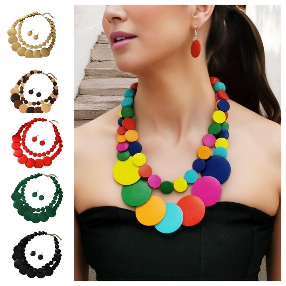 Necklace Wooden Beaded Necklace Double-layer Round Necklace Exaggerated Jewelry Set  Women