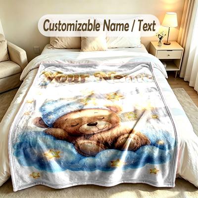 Teddy Bear Theme Custom Blanket Personalized Name & Text Customized Soft Warm Throw Blanket Home Decor