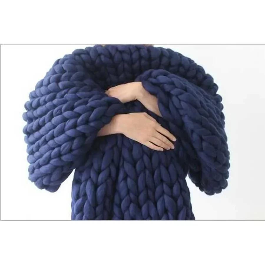 Chunky Merino Wool Blanket Thick Large Yarn Roving Knitted Blanket Winter Warm Plaid Throw Blankets Sofa Bed Blanket