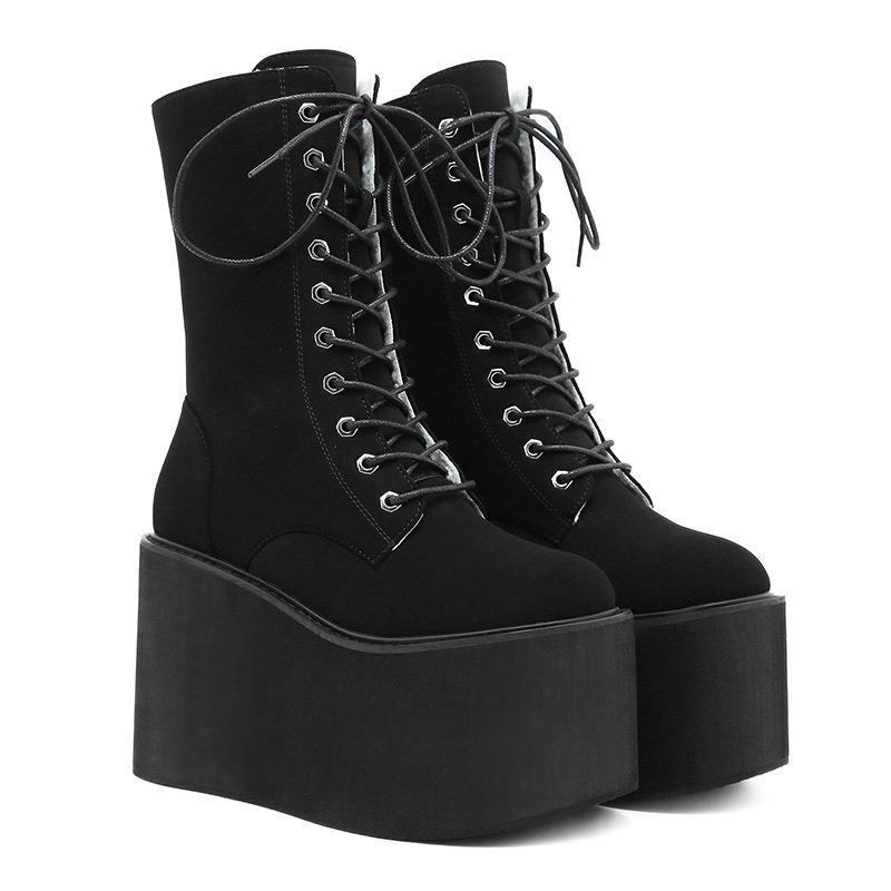 Women Wedge Boots Plush Warm Winter Boots Suede Women Mid-calf Boots Lace Up Gothic Boot 11cm Height Increasing Platform Booties