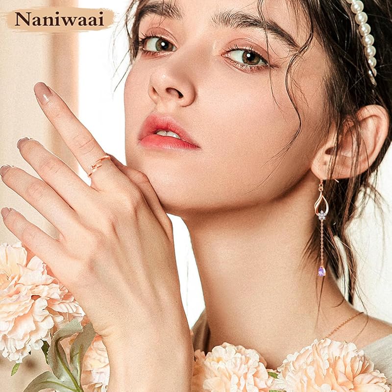 Naniwaai Earrings Ladies Popularity June Birthstone Hook Sway Cherry Blossoms Silver Compatible with Metal Allergies Cute Long Woman Flower Present