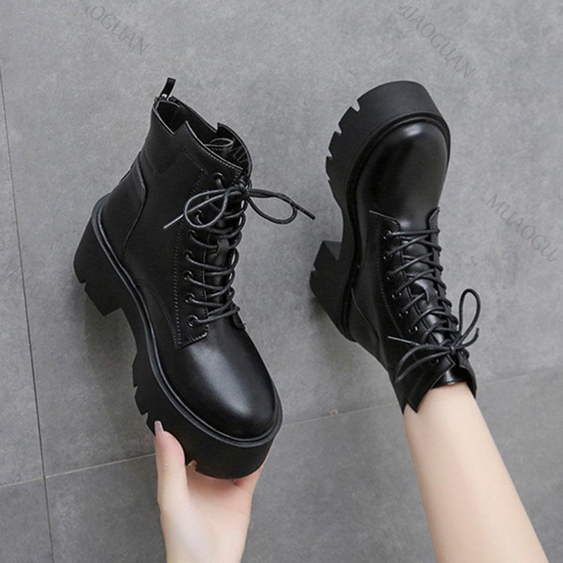 Fashion Autumn Winter New Soft Leather Ankle Boots Ladies Shoes Platform Lace Up Chelsea Black White Short Botas Thick Heeled Botines