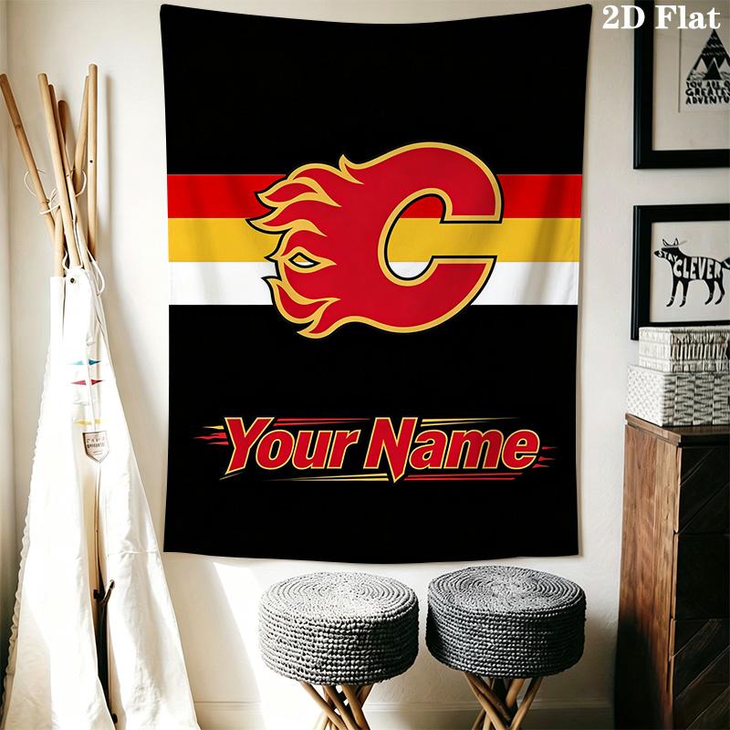 Name Custom Calgary Flames Logo Wall Tapestry Aesthetic Wall Hanging Printed Fabric Blanket Decorative Tapestries for Bedroom Living Room Home Decor