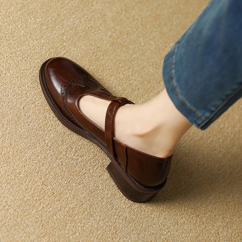 Fashion 2024 New Spring Genuine Leather Women Pumps Shoes for Women Round Toe Chunky Heel Retro Mary Janes Block Leather Shoes Shallow