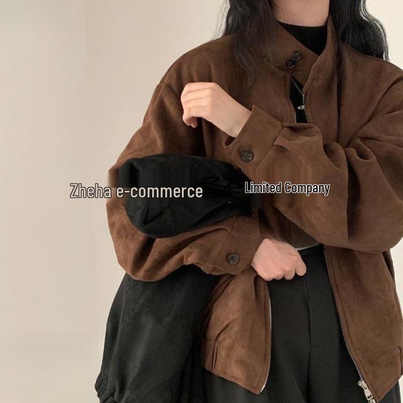 Women's Retro Faux Suede Jacket - Slim Fit, Loose, Short Top for Spring & Autumn