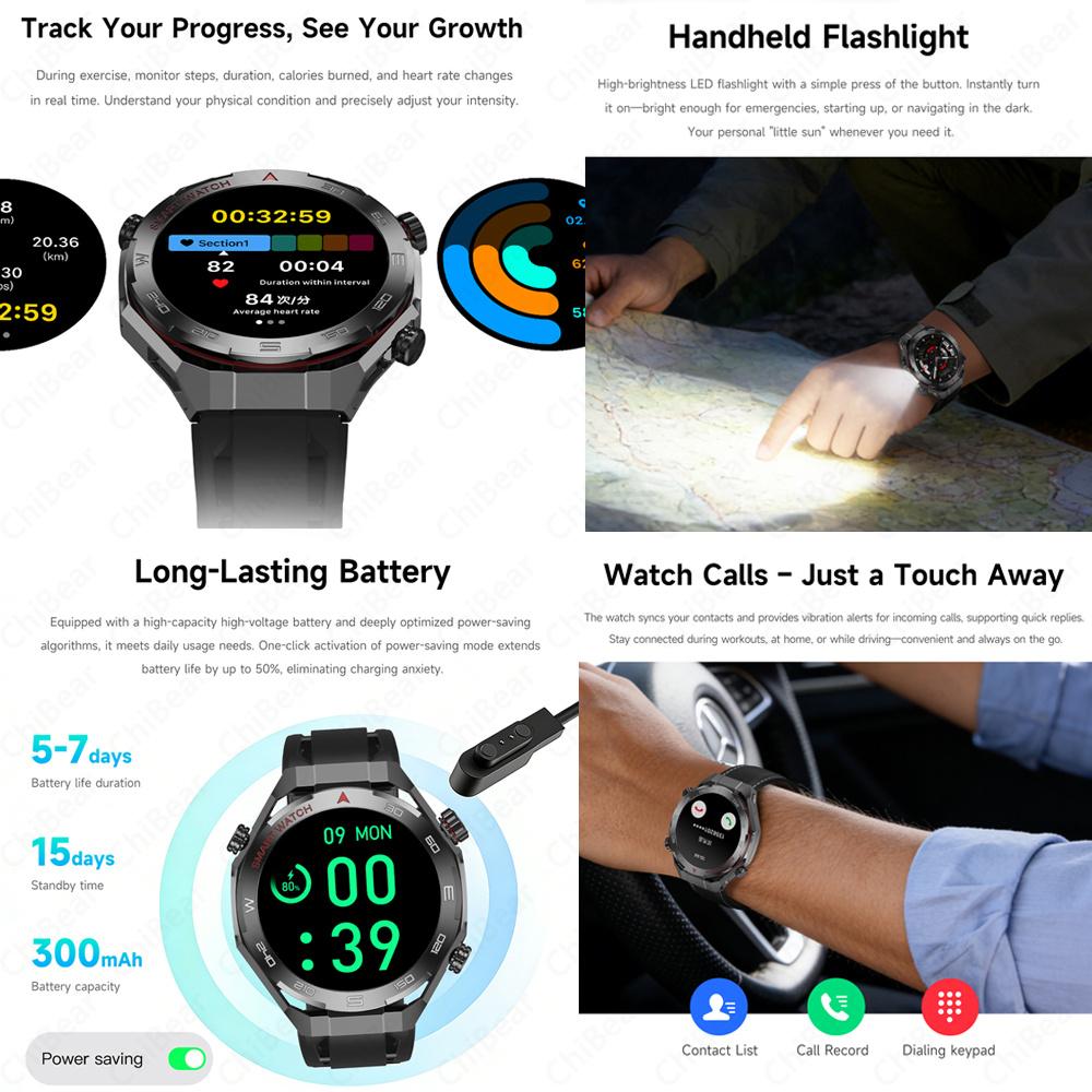New Bluetooth Call Smart Watch Men Heart Rate Health Monitoring Altitude Air Pressure Detection LED Flashlight Smartwatch
